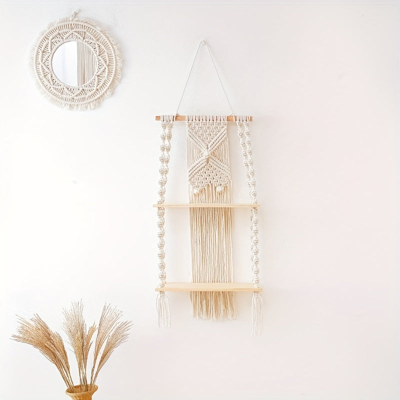 Boho Macrame 2-Tier Hanging Wall Shelf