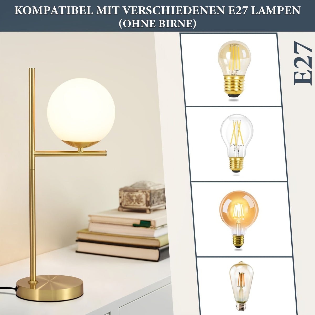 Tischleuchte mit goldfarbenem Messing und weißem Glaskugel-Schirm