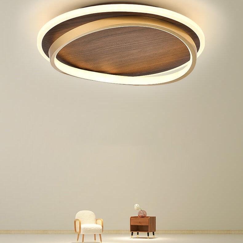 Walnut & Gold Round LED Ceiling Lamp