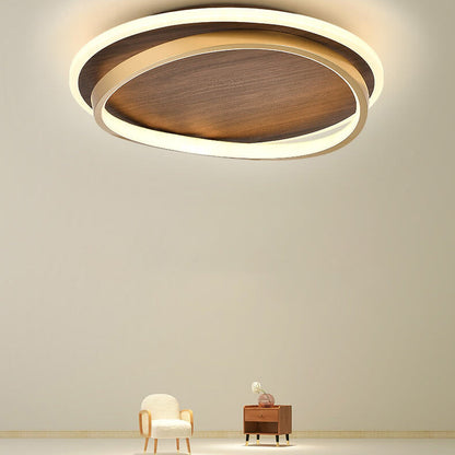Walnut & Gold Round LED Ceiling Lamp