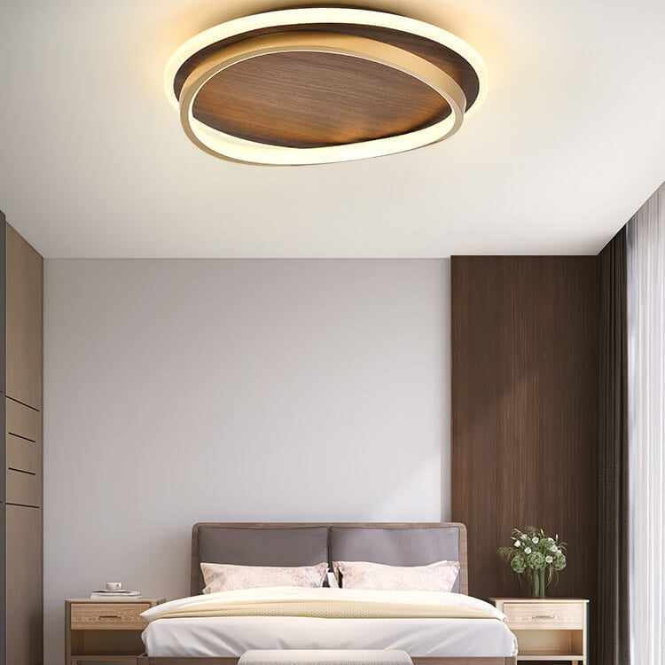 Walnut & Gold Round LED Ceiling Lamp