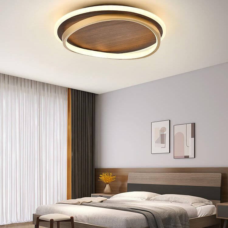 Walnut & Gold Round LED Ceiling Lamp