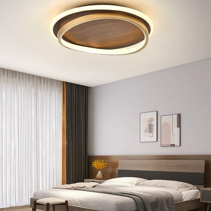 Walnut & Gold Round LED Ceiling Lamp