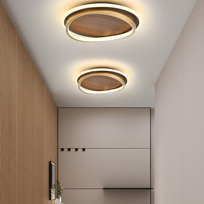 Walnut & Gold Round LED Ceiling Lamp