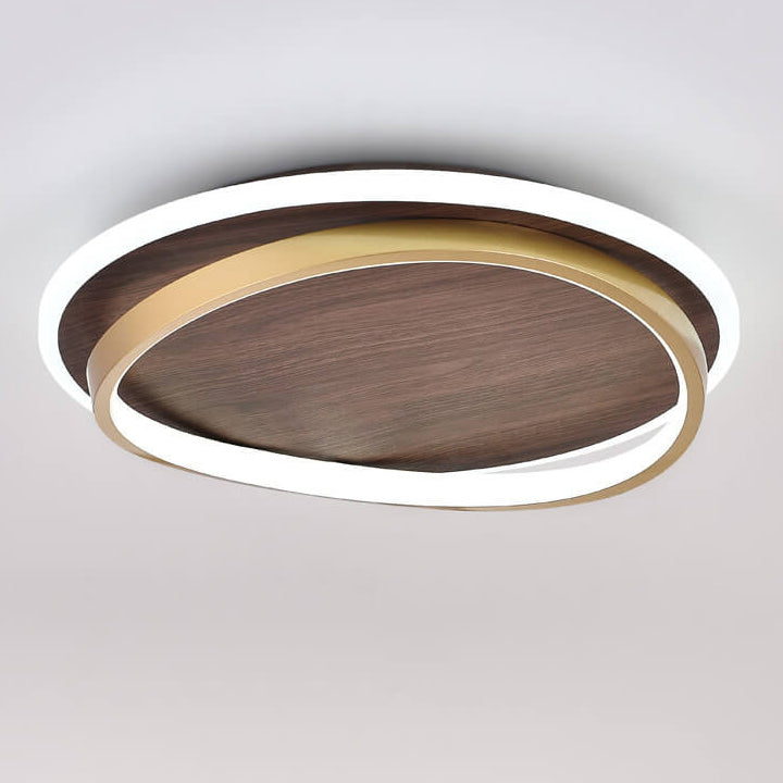 Walnut & Gold Round LED Ceiling Lamp