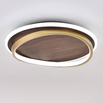 Walnut & Gold Round LED Ceiling Lamp