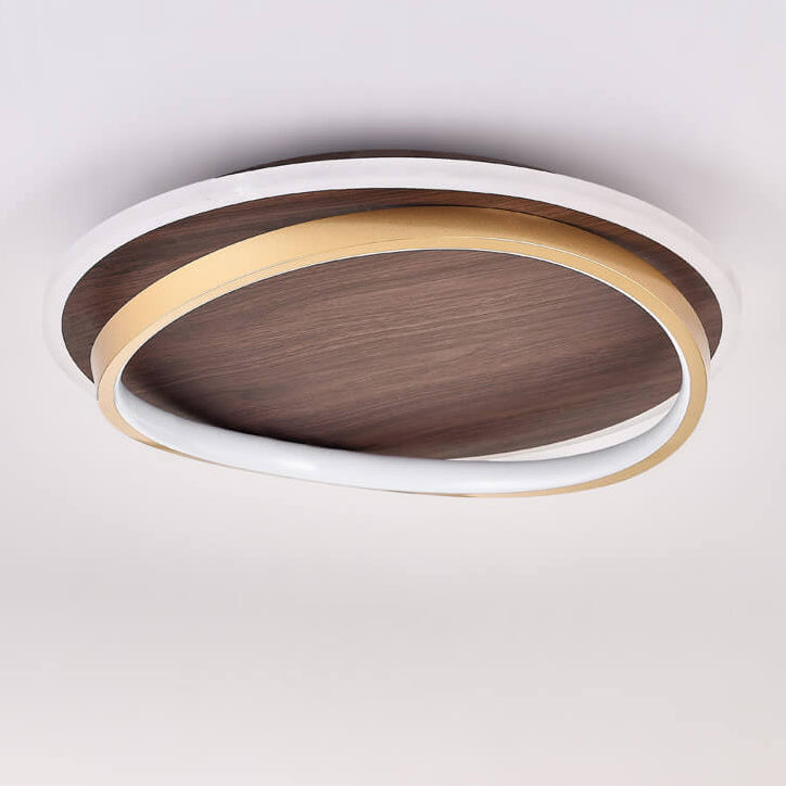 Walnut & Gold Round LED Ceiling Lamp