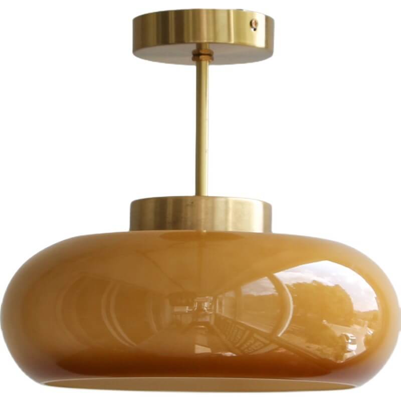 Deckenleuchte im Vintage-Stil aus Messing und bernsteinfarbenem Glas (halb bündig)