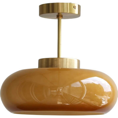 Deckenleuchte im Vintage-Stil aus Messing und bernsteinfarbenem Glas (halb bündig)