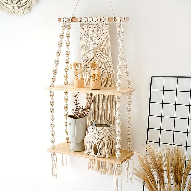 Boho Macrame 2-Tier Hanging Wall Shelf