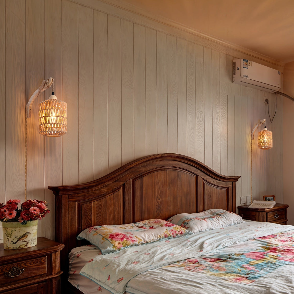 Boho-Wandleuchte aus Holz und Rattan mit Stecker