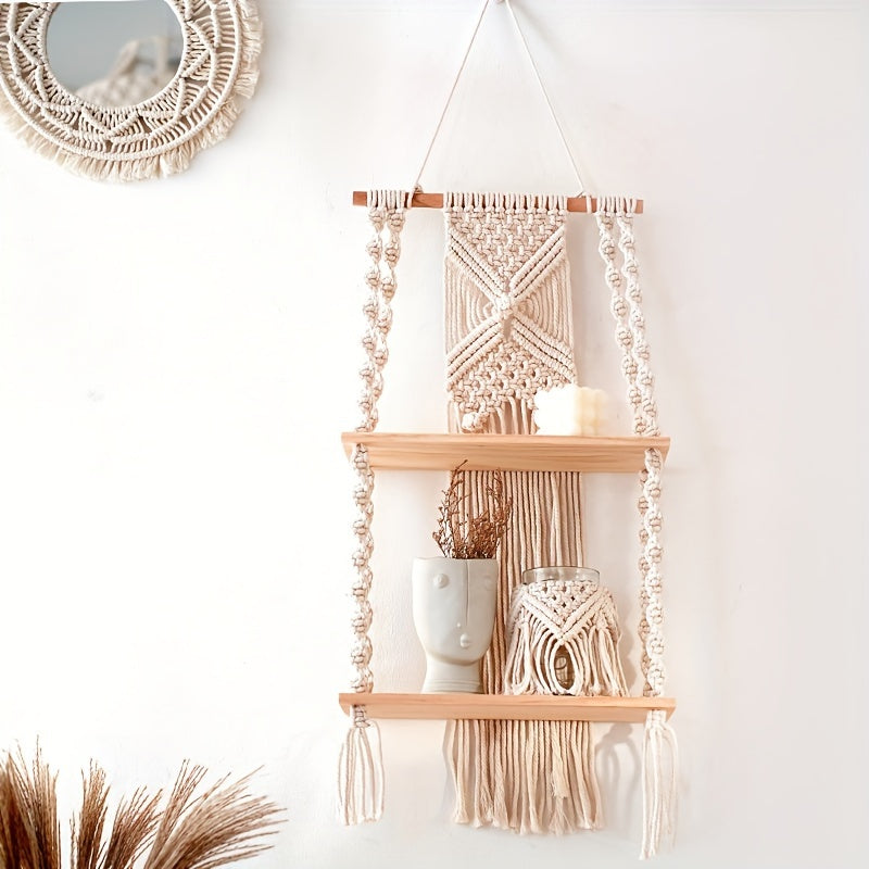 Boho Macrame 2-Tier Hanging Wall Shelf