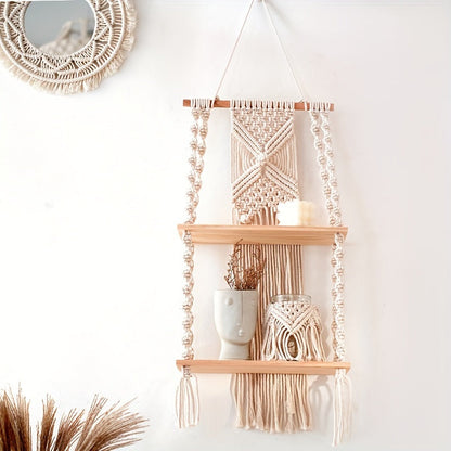 Boho Macrame 2-Tier Hanging Wall Shelf