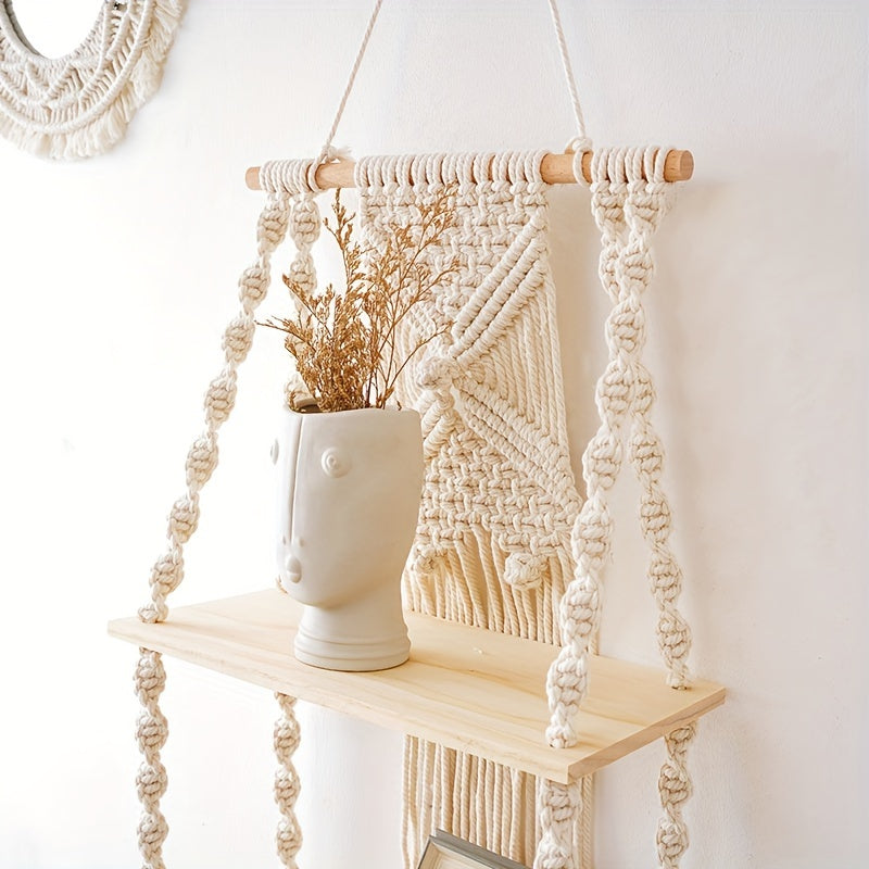 Boho Macrame 2-Tier Hanging Wall Shelf