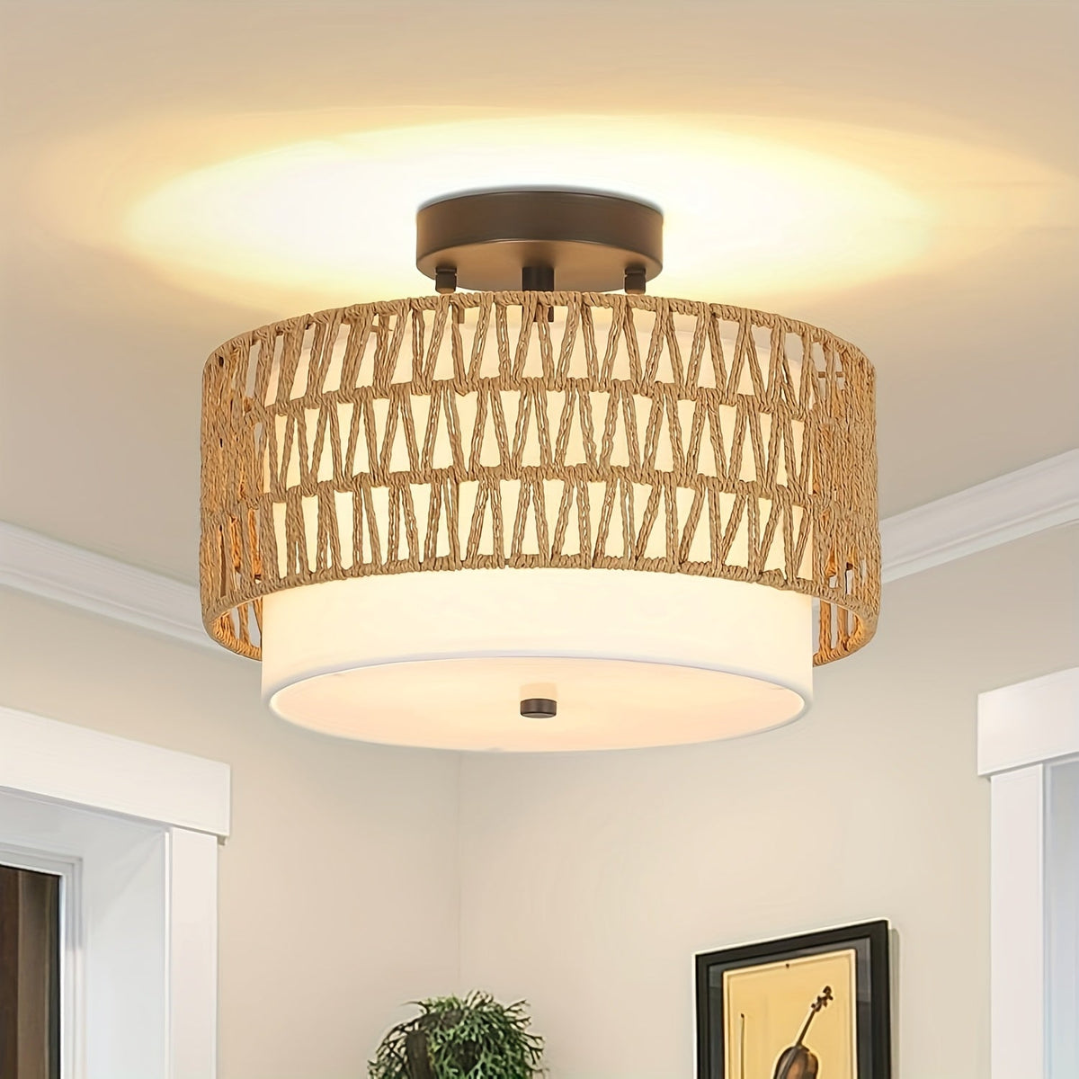Boho-Deckenleuchte aus Rattan (halb bündig)