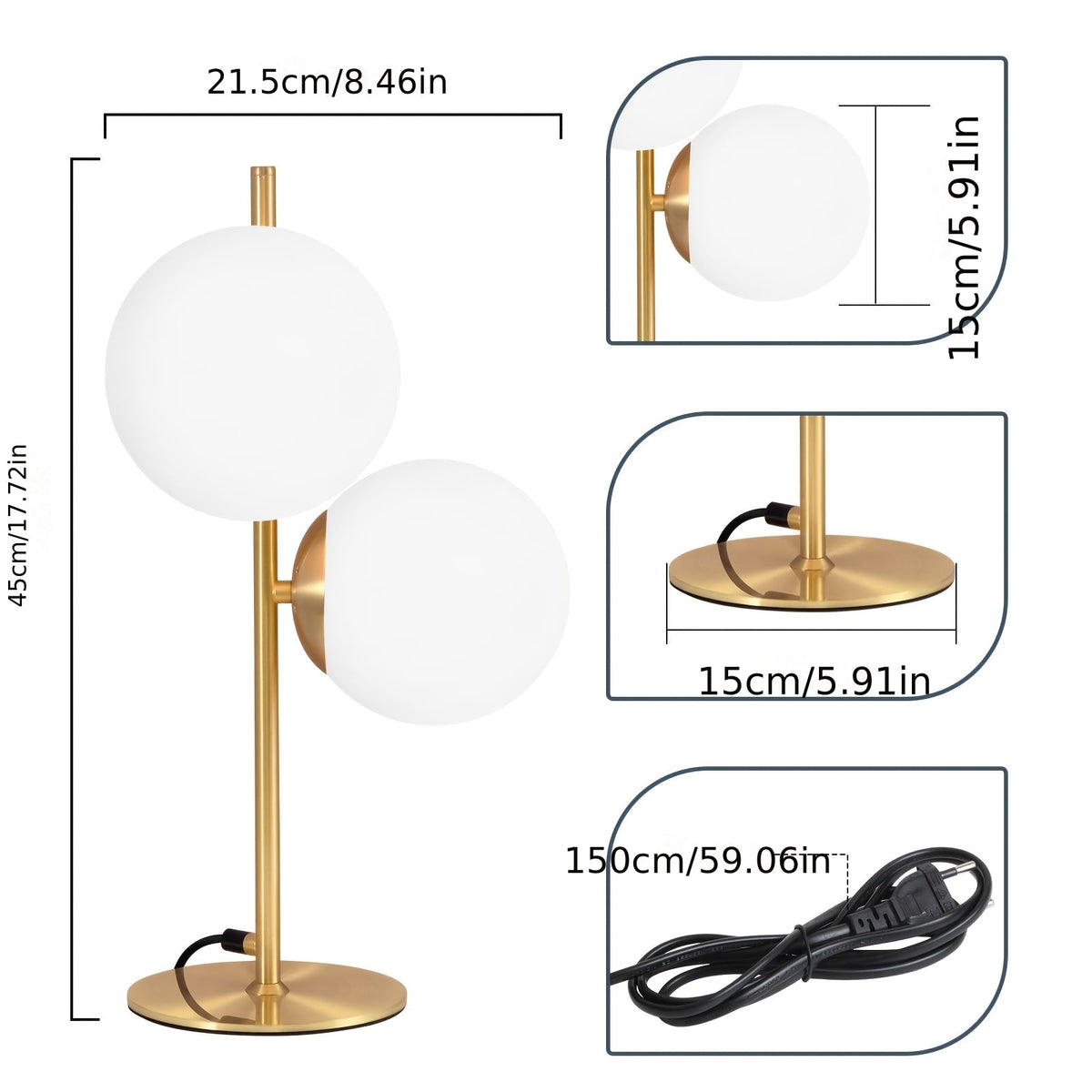 Tischleuchte mit goldfarbenem Messing und weißem Glaskugel-Schirm