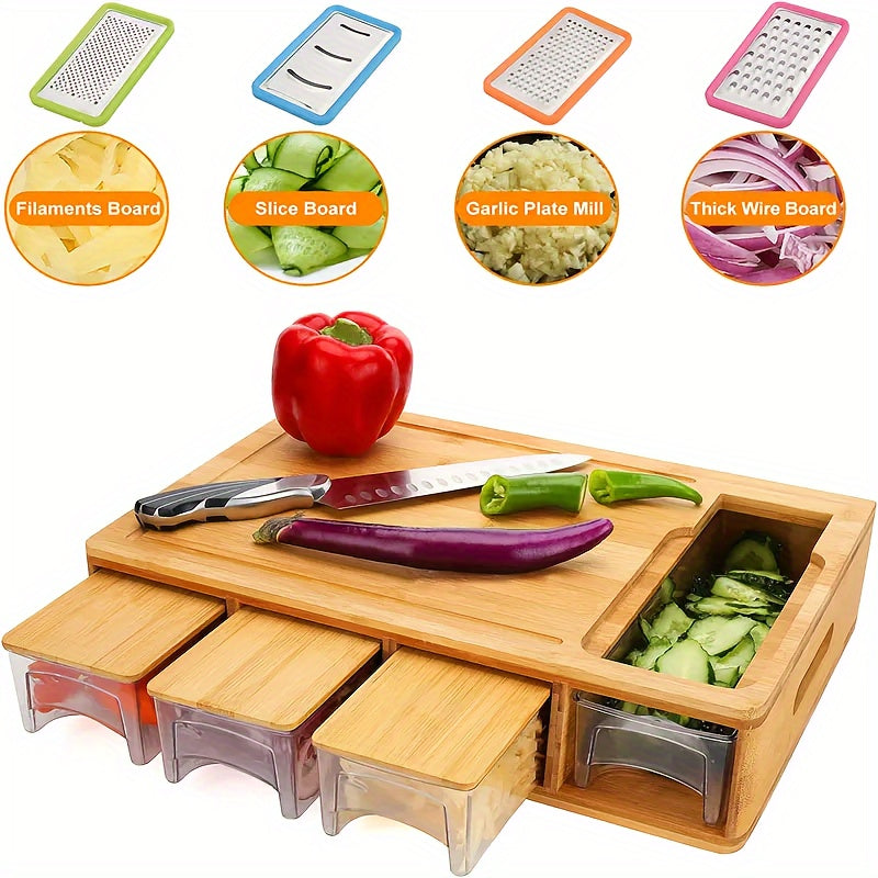 Bamboo Cutting Board with Trays & Graters