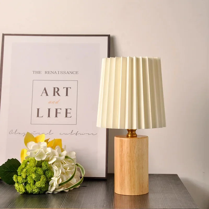 Pleated Nordic Wood Base Table Lamp