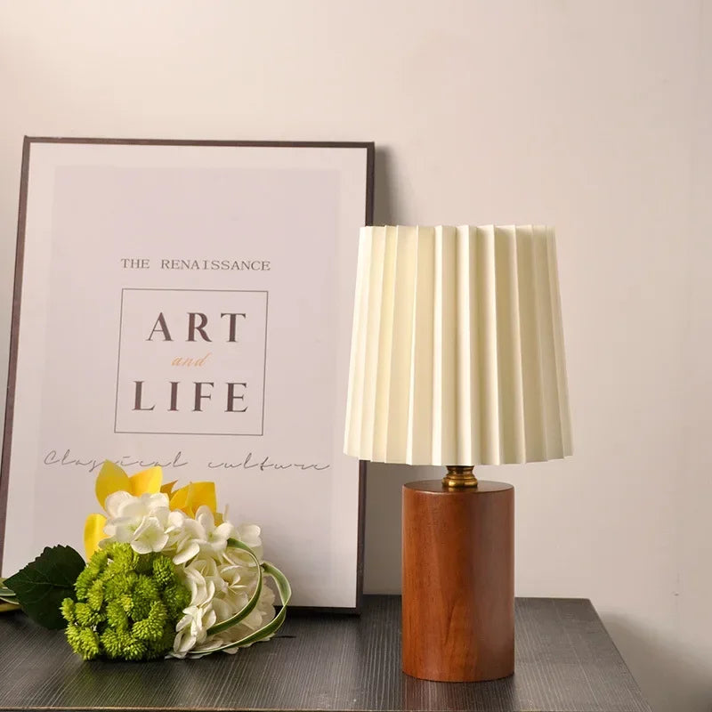 Pleated Nordic Wood Base Table Lamp