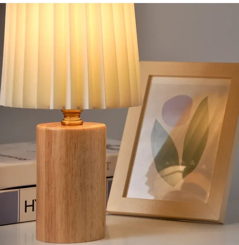 Pleated Nordic Wood Base Table Lamp