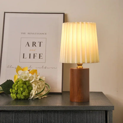 Pleated Nordic Wood Base Table Lamp