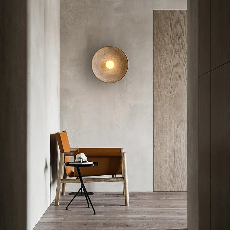 Rustic Wood-Effect Circular LED Wall Sconce