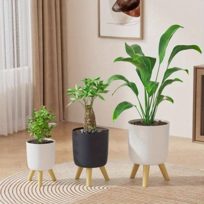 Modern Round Planter with Wooden Tripod Legs