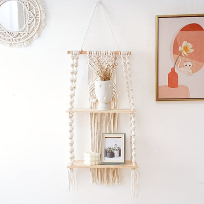 Boho Macrame 2-Tier Hanging Wall Shelf