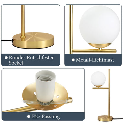 Tischleuchte mit goldfarbenem Messing und weißem Glaskugel-Schirm