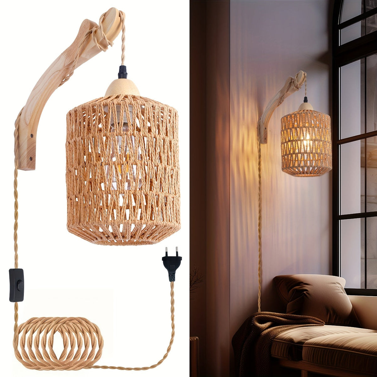 Boho-Wandleuchte aus Holz und Rattan mit Stecker