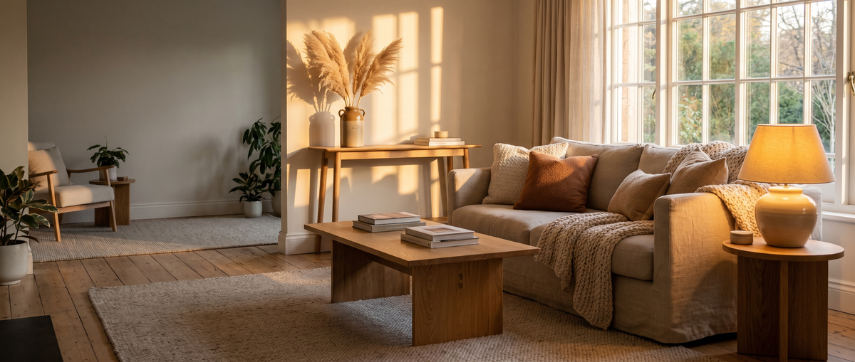 Cozy living room in warm evening light