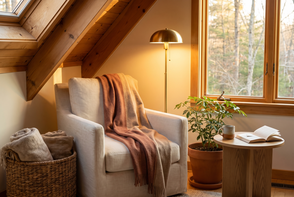 Reading nook under wooden eaves