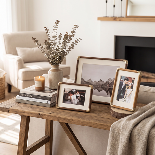 Brooks Tabletop Photo Frame styled on a wooden console table