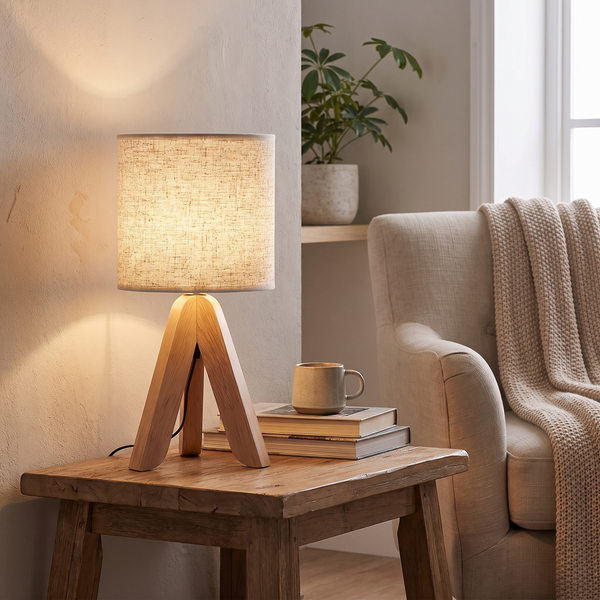 Nordic Wooden Tripod Table Lamp in a lifestyle setting