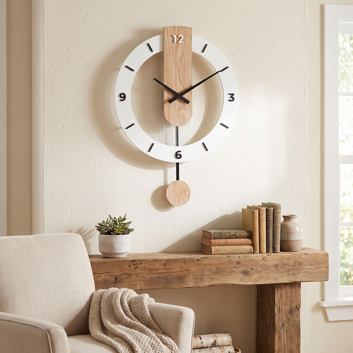 Minimalist Pendulum Wall Clock in a lifestyle setting