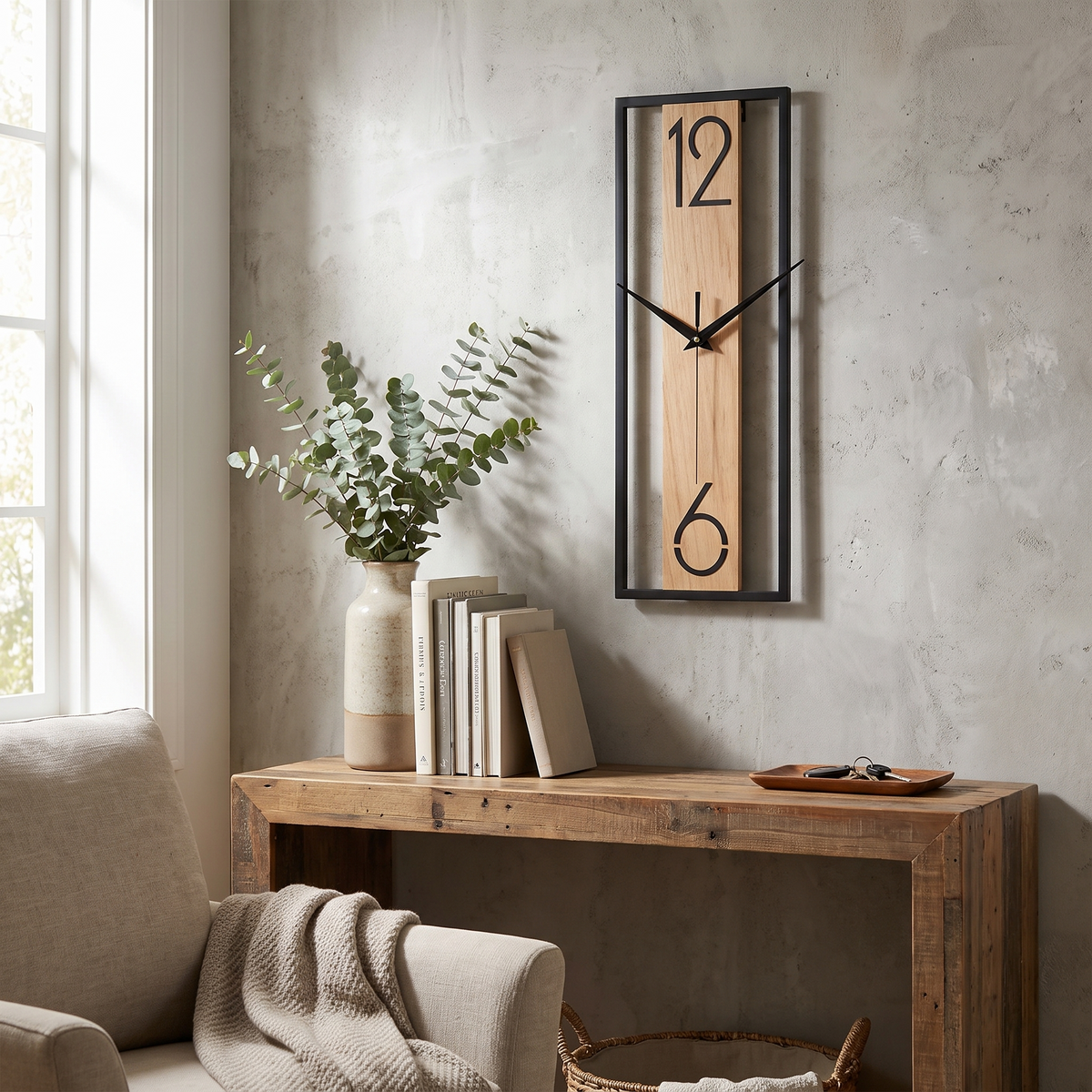 Modern Rectangular Wood Grain Wall Clock in a lifestyle setting