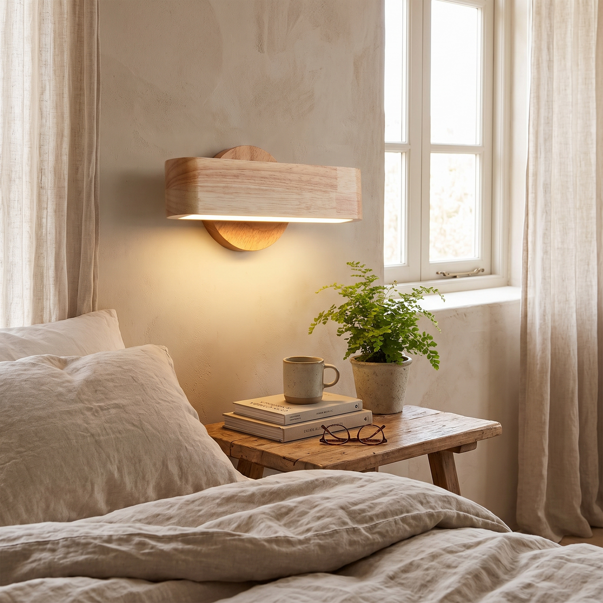 Rotating Japanese Wood Wall Lamp in a lifestyle setting