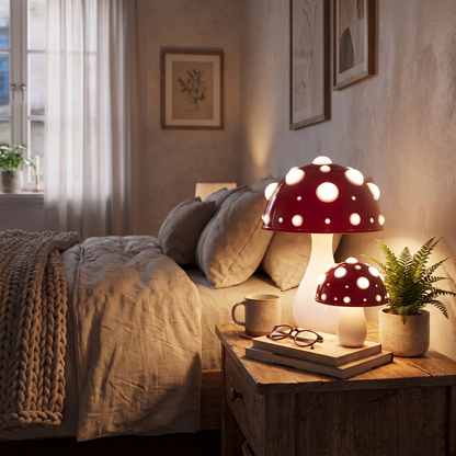 LED Amanita Mushroom Table Lamp in a lifestyle setting