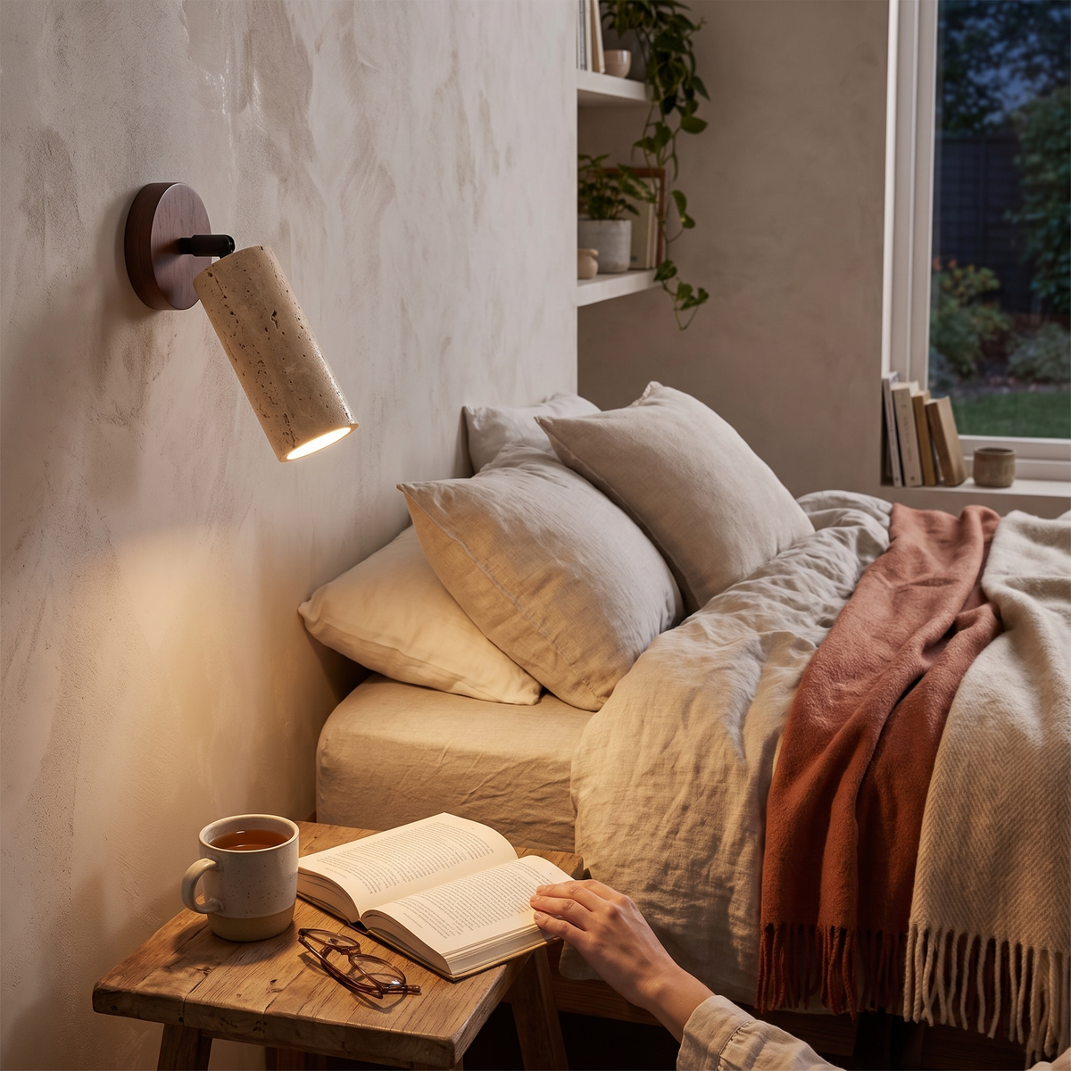 Huangdong Travertine & Wood Wall Lamp in a lifestyle setting