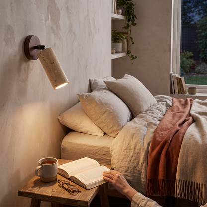 Huangdong Travertine & Wood Wall Lamp in a lifestyle setting