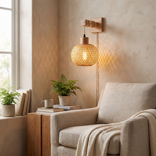 Rustic Rattan & Wood Wall Sconce in a lifestyle setting