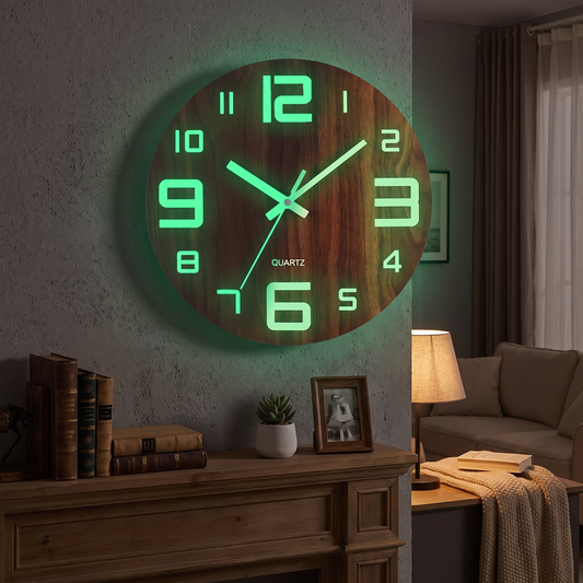 Walnut Luminous Wall Clock in a lifestyle setting