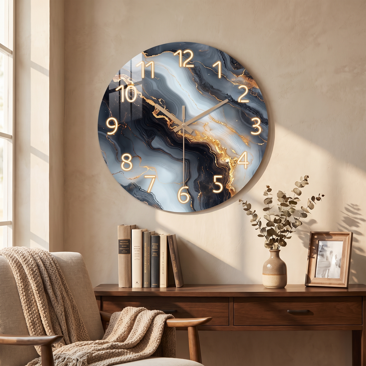 Blue & Gold Marble Wall Clock in a lifestyle setting