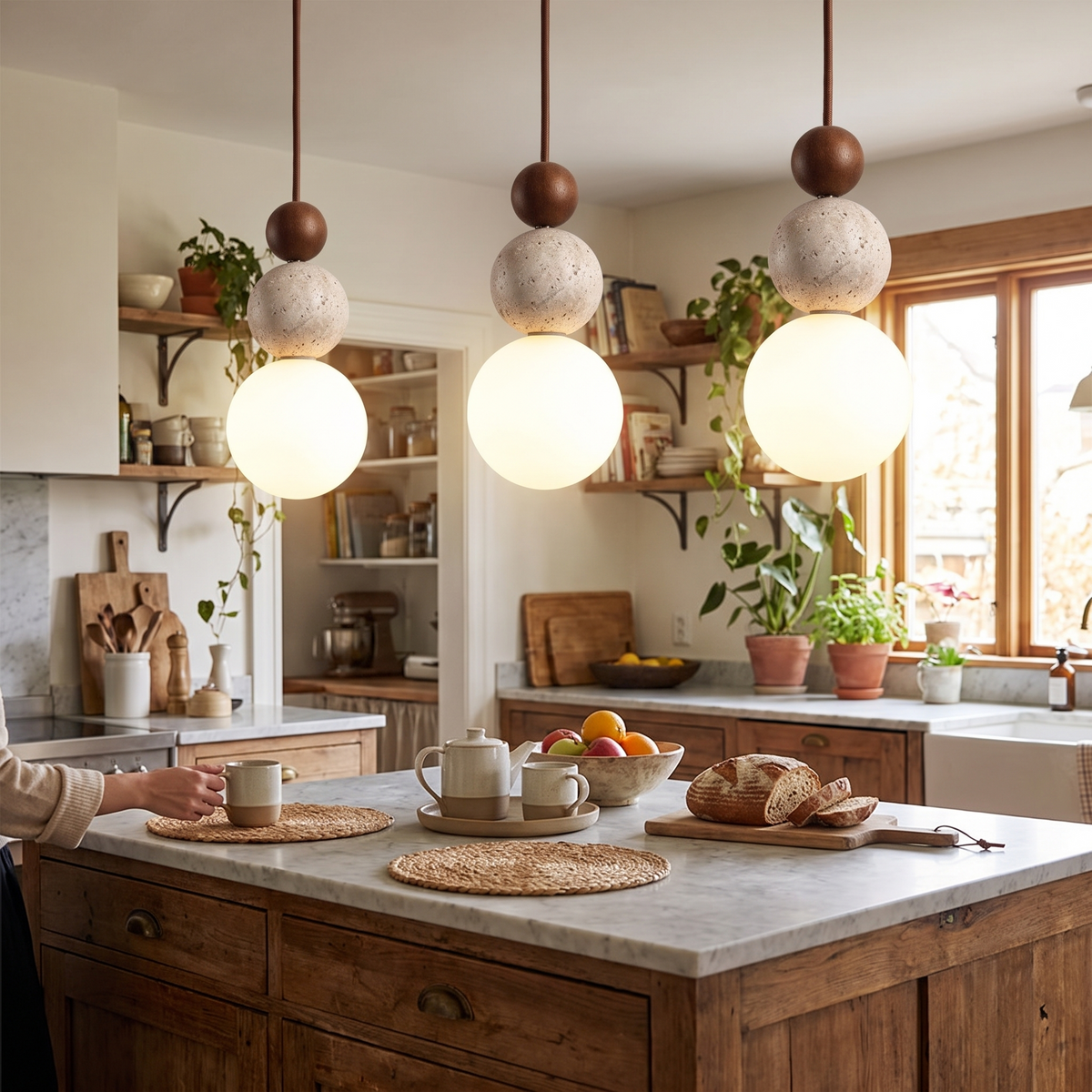 Cleonice Travertine, Wood & Glass Pendant in a lifestyle setting