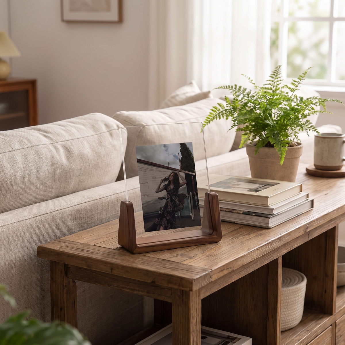 U-Shaped Acrylic & Wood Photo Frame in a lifestyle setting
