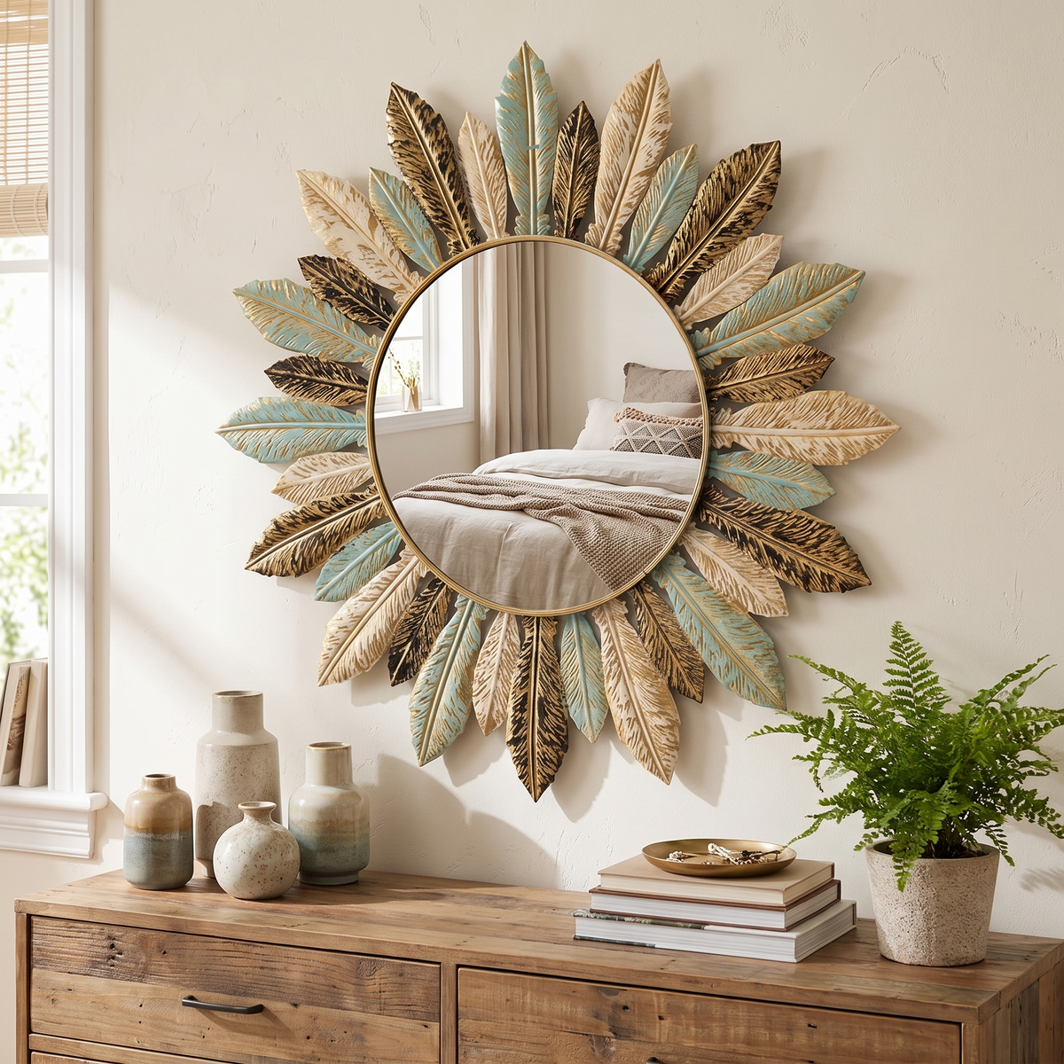 Bohemian Sunburst Metal Wall Mirror in a lifestyle setting