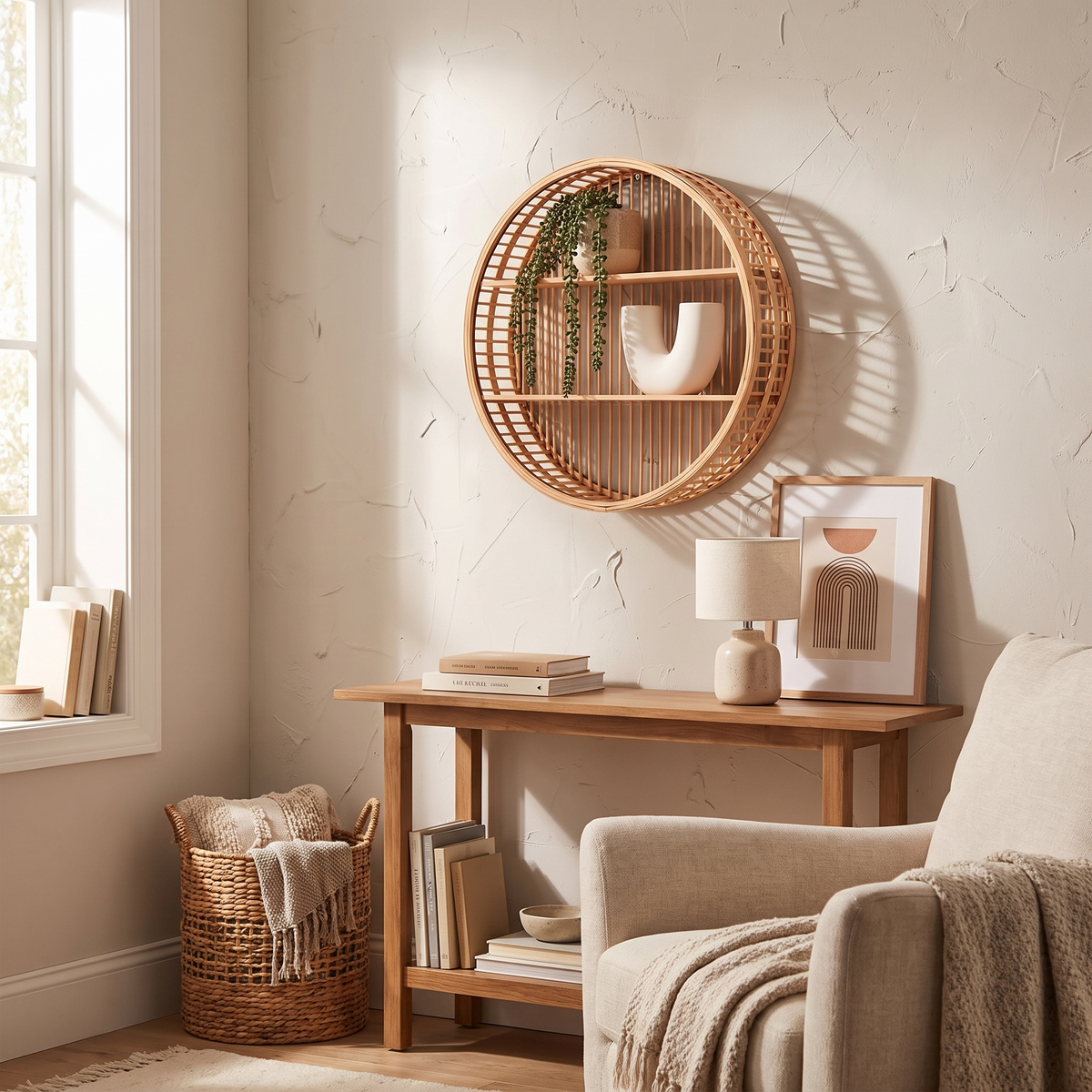 Round Bamboo Floating Wall Shelf in a lifestyle setting