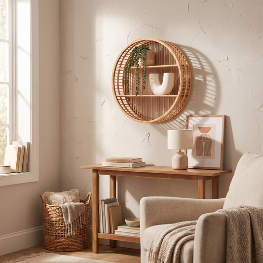 Round Bamboo Floating Wall Shelf in a lifestyle setting