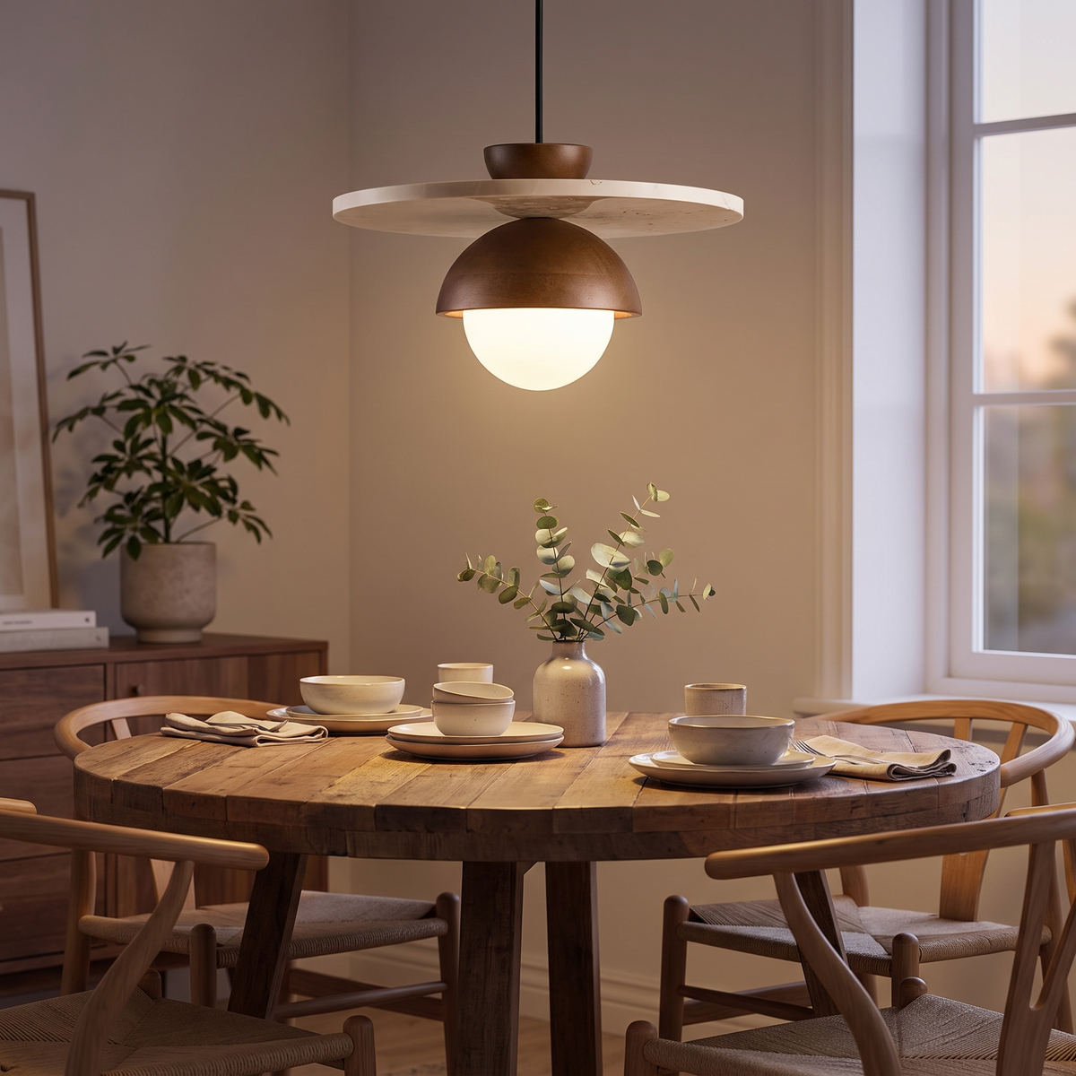Denmark Walnut & Stone LED Pendant in a lifestyle setting