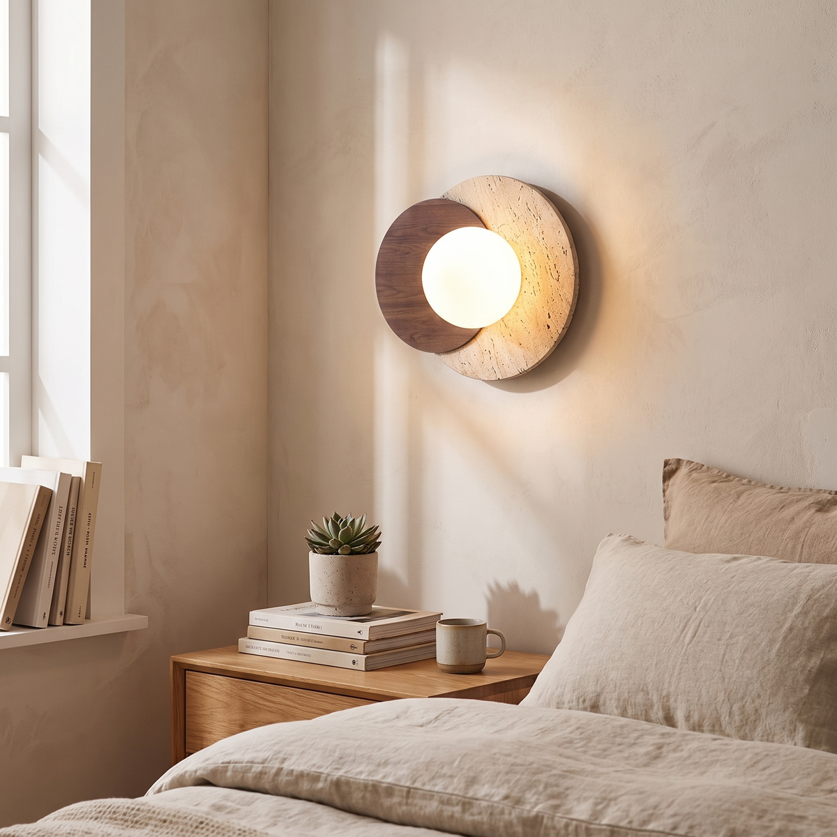 Wabi-Sabi Stone & Wood Wall Lamp in a lifestyle setting
